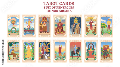 Set of colorful tarot cards. Tarot cards Suit of Pentacles - Minor Arcana. flat style.
