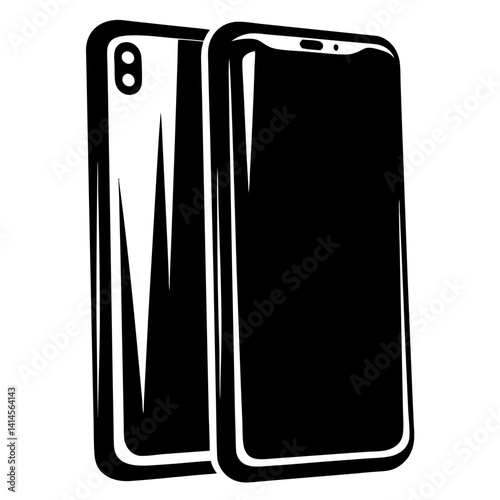 Two smartphones positioned back to back in stark black and white illustration