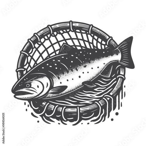 Simple Salmon Caught in Net Vector Icon Design – Vintage Retro Logo & Illustration