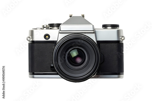 Vintage Silver Camera with Black Leather Grip and Lens.