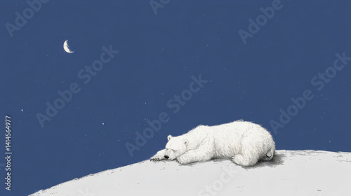Polar Bear Sleeping Illustration: Dreamy Polar Bear Sleeping Under Night Sky in Woodblock Print Illustration Style with Moon, Stars, and Peaceful Atmosphere – Surreal Cute Animal Artwork