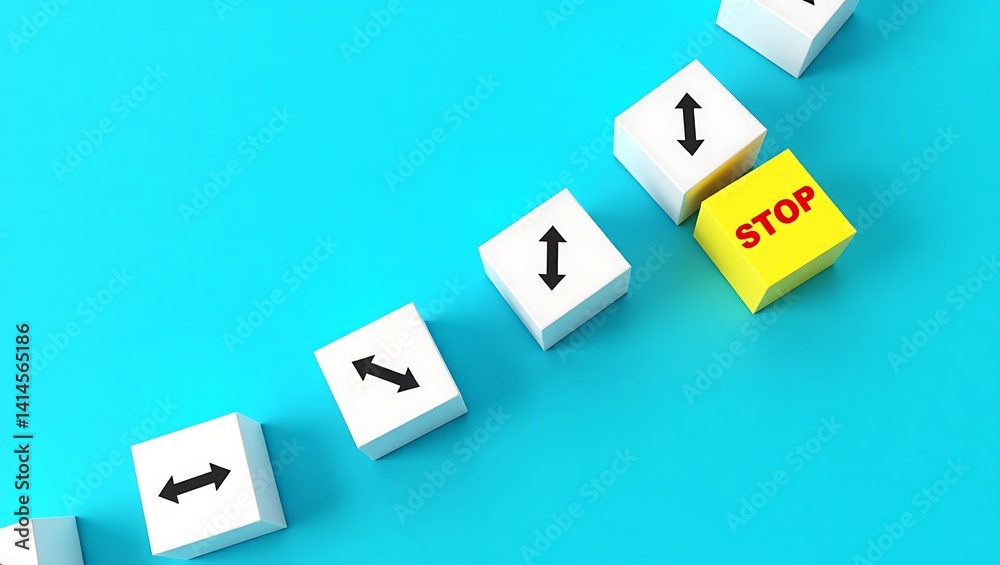 Directional Cubes Leading to a 'STOP' Sign Symbolizing Decision-Making, Boundaries, and Strategic Halts Directional Cubes Leading to a 'STOP' Sign Symbolizing Decision-Making, Boundaries, and Strategic Halts