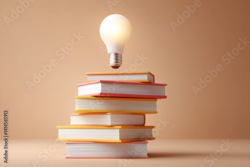 Illuminated light bulb hovers above stacked books, symbolizing k