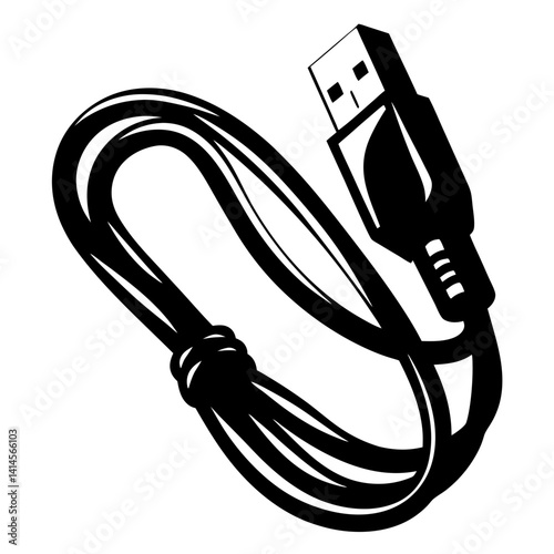 Monochrome image showcasing a coiled USB connector cable with distinctive design