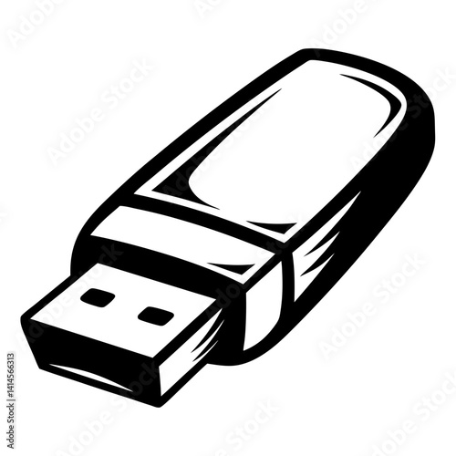 Monochrome USB Flash Drive Illustration on White Background for Data Storage