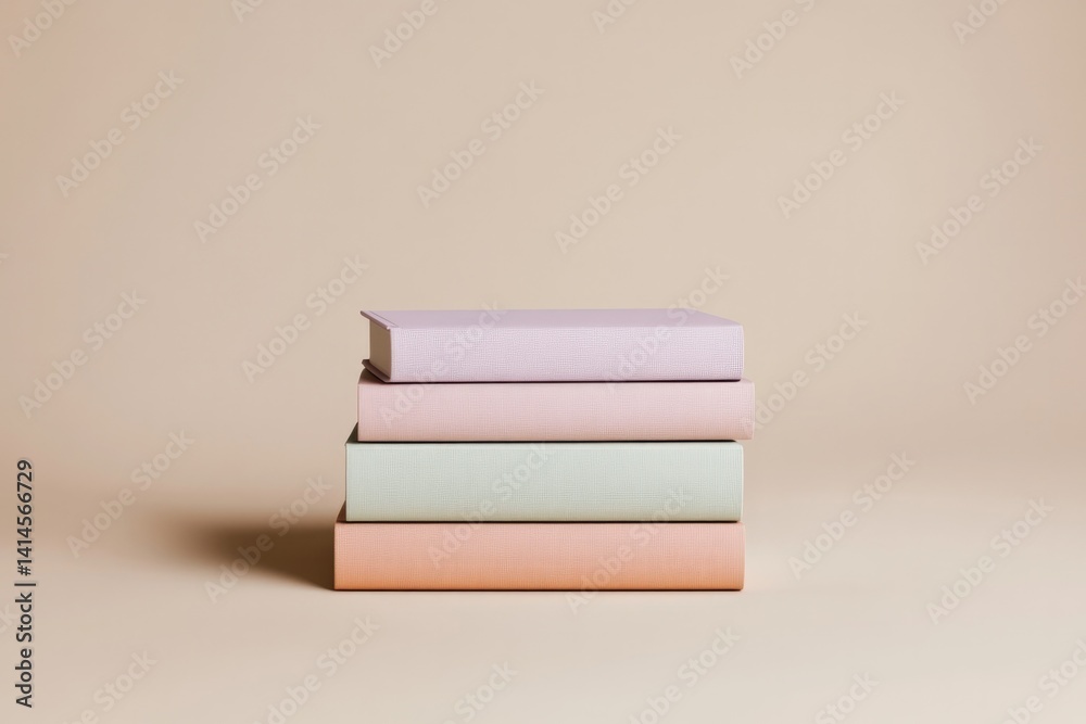 Fototapeta premium Pastel-colored books stacked neatly on soft beige background, ex