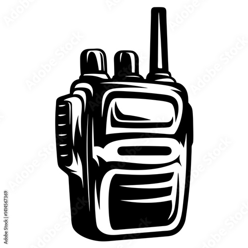 Black and white image of a portable walkie talkie communication device