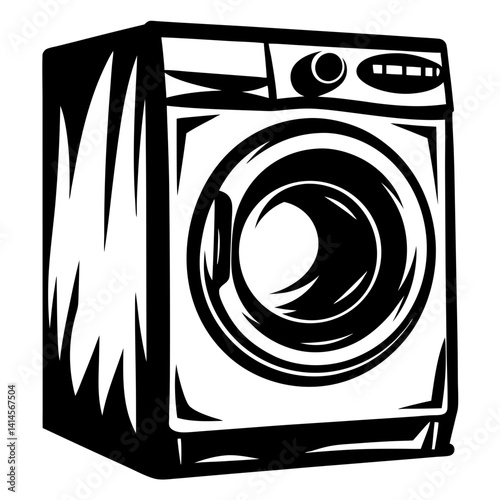 Stylized monochrome vector illustration of a front load washing machine appliance