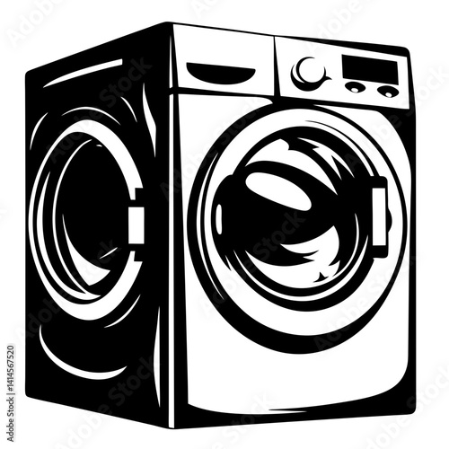 Monochrome illustration of a front loading washing machine in black and white