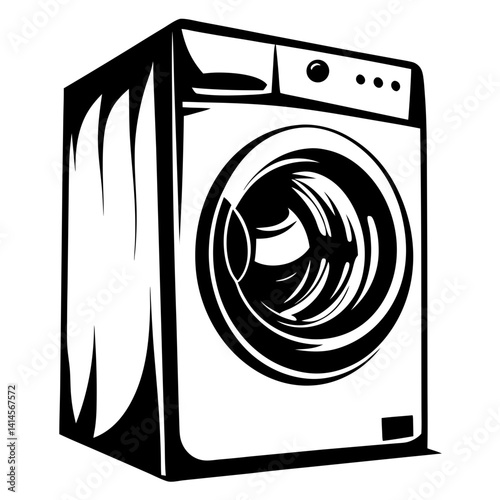 Monochromatic vector illustration of a front loading washing machine with settings