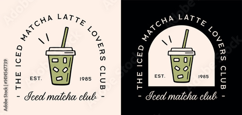 Iced matcha latte lovers club fancy retro green tea aesthetic quotes badge sticker girl shirt design logo. Healthy fresh organic takeaway drink summer wellness girlie community printable poster print.