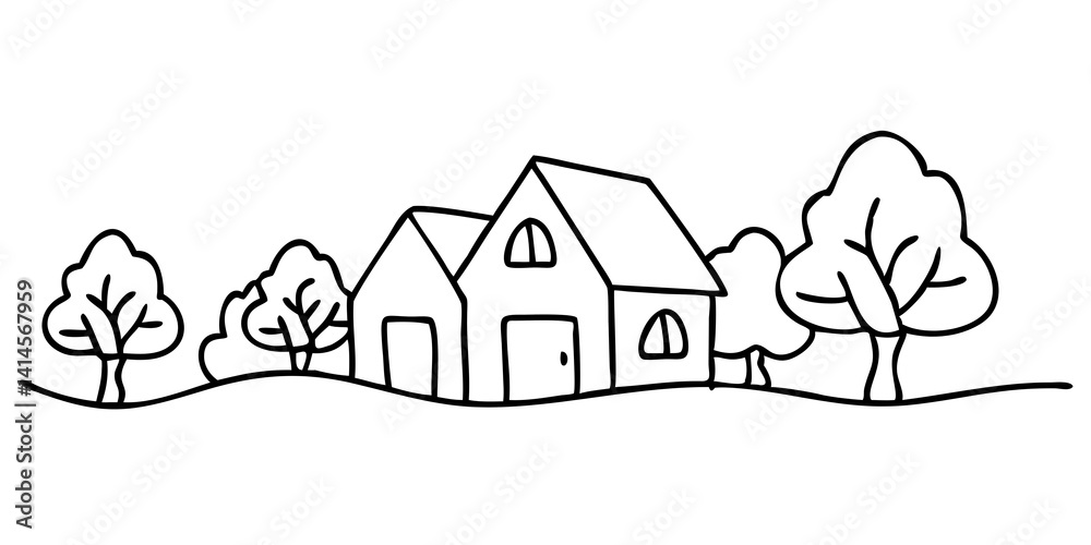 Green Little House with Garden Tree Line Drawing for Cozy Home Decor