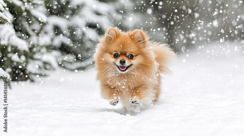 Cheerful Pomeranian Dog Running in Snowy Winter Wonderland