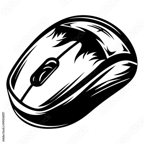 Monochrome computer mouse illustration with bold outlines and stylized design element