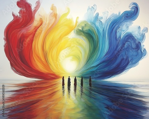 Colorful Pathway, Silhouette Figures, Abstract
