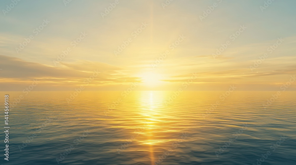 Radiant sunrise illuminating a tranquil lake golden reflections shimmering serene atmosphere soft diffused light wide angle perspective