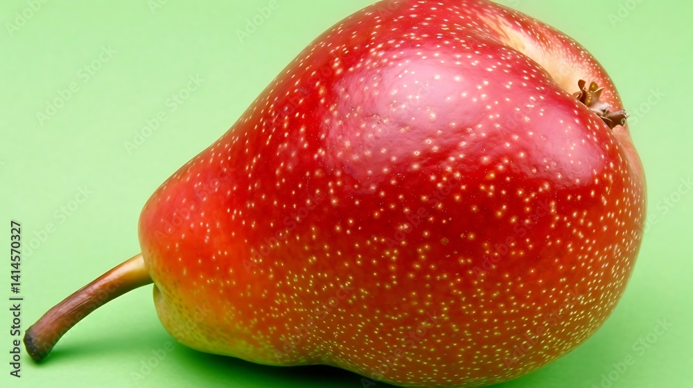 Delicious red pear with tiny yellow dots against a light green background Delicious red pear with tiny yellow dots against a light green background