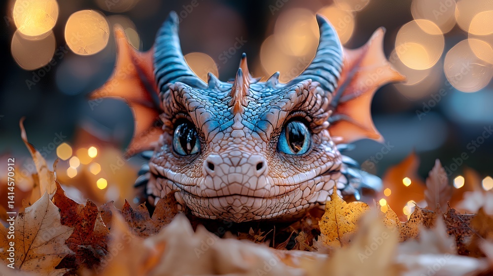 Cute dragon portrait with autumn leaves and bokeh background Cute dragon portrait with autumn leaves and bokeh background