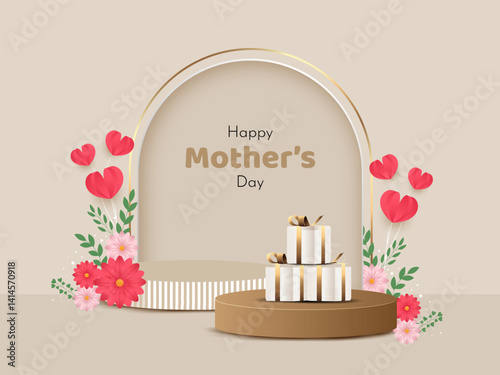 Happy Mother's Day Display pedestal podium, Background with hearts, flowers and gifts. Minimal Background. Product display presentation. Studio room concept, minimal wall vector illustration.