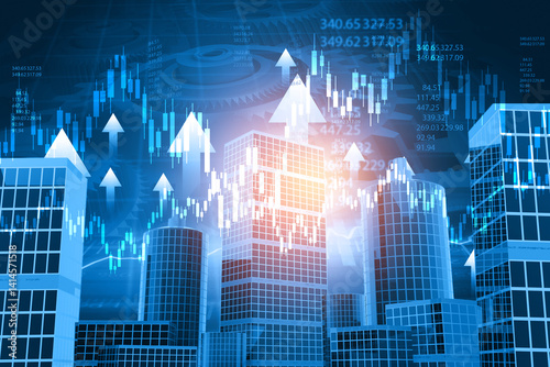 Financial chart with stock market graph on cityscape background. Real estate stock market. 3d illustration