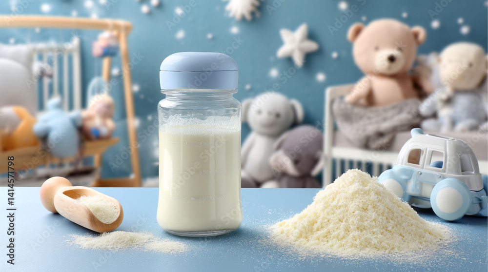 Baby bottle with milk for feeding newborns on the background of a baby room. Natural milk dry powder for babies with copy space
