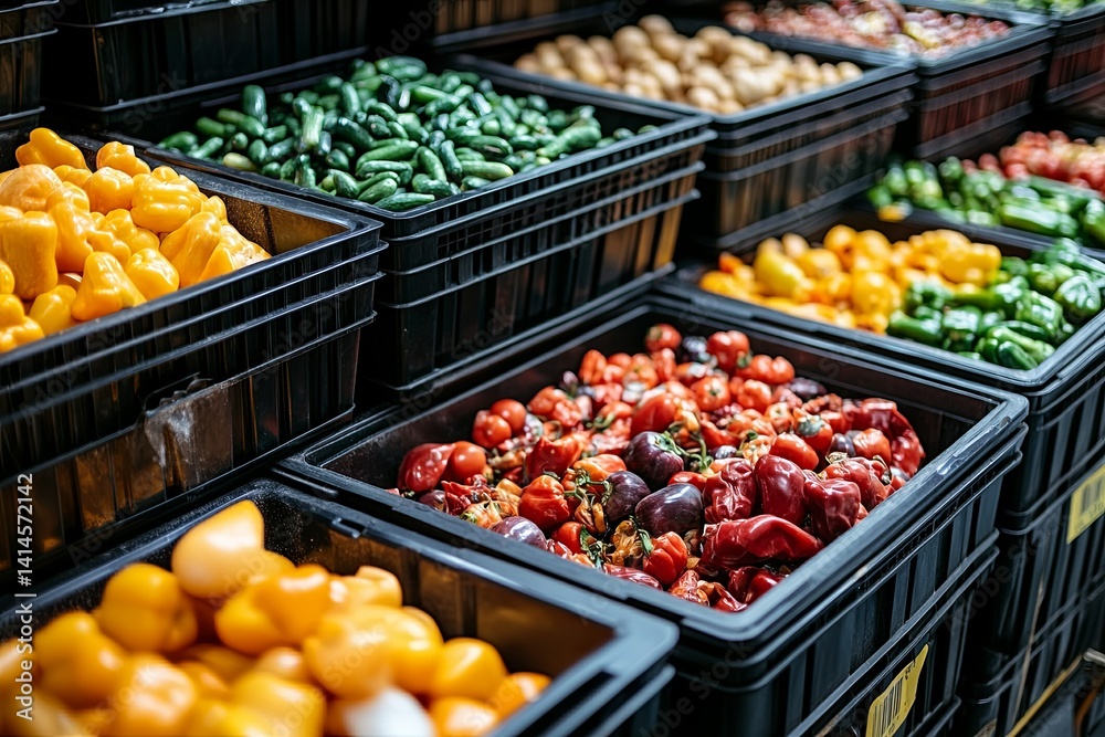 Various fresh colorful vegetables are displayed in numerous black crates Various fresh colorful vegetables are displayed in numerous black crates