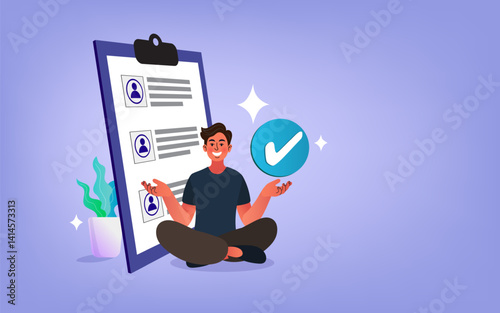 Man put tick on complete checklist on paper clipboard. man with a to-do list. Concept of task done. Successful time management. planning business. daily planner or personal organizer. Vector Flat.