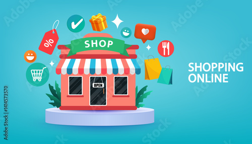 Internet digital store scene with woman on shopping. E-commerce advertising illustration. fast online delivery service. Hands holding a package box with groceries out of mobile screen. Food delivery.