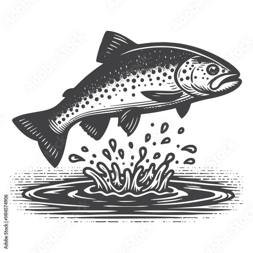 Simple Trout Leaping Upstream Vector Icon Design – Vintage Retro Logo & Illustration