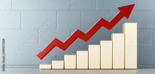 Isolated 3D concept of gold price surge with red arrow and bullion stack, economic success and investment return symbol., copy space for text - illustration money metal trend