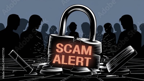 A digital illustration featuring a prominent padlock with 'SCAM ALERT' illuminated, set against a dark backdrop of shadowy figures.