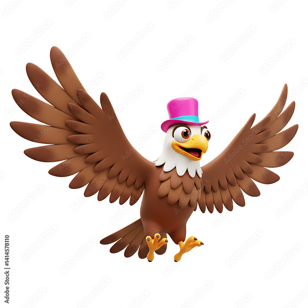 Fototapeta premium Cartoon Eagle in Pink Hat Flying Against Red and Black Stripes