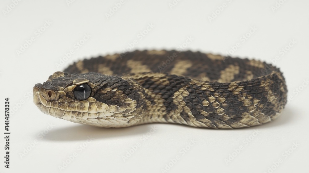 Close up of a Pygmy Rattlesnake Coiled on a White Background with a Smooth Surface in a Studio Setting Showing Scales and Intricate Patterns Close up of a Pygmy Rattlesnake Coiled on a White Background with a Smooth Surface in a Studio Setting Showing Scales and Intricate Patterns