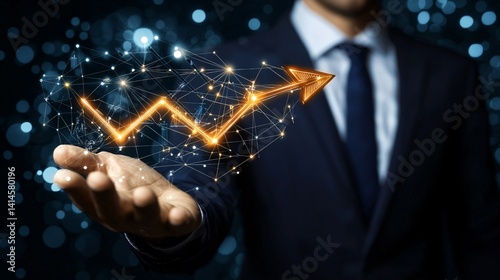 Business Growth Concept with Hand Showing Upward Trend with Lights