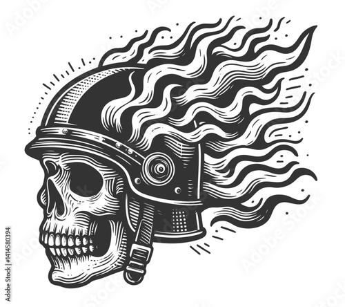 Flaming Skull with Winged Helmet in Vintage Style