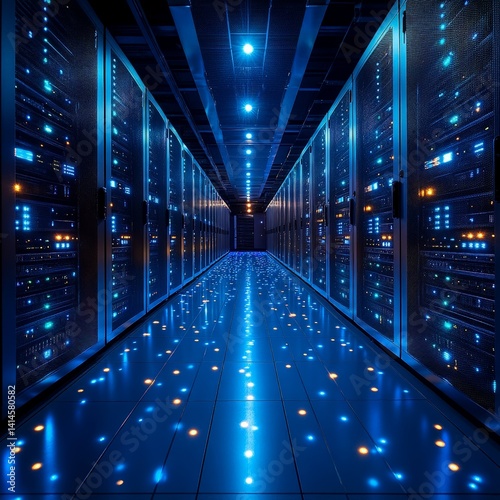 Advanced Data Center with Server Racks and LED Lighting for Digital Infrastructure
