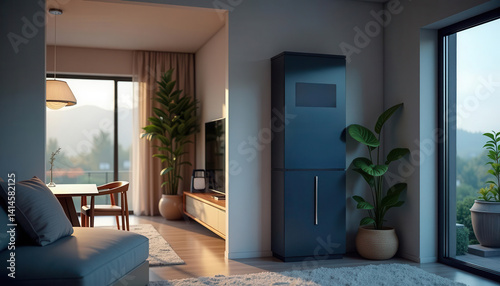 Modern living room interior featuring a fridge  plants  and a scenic view that enhances the cozy atmosphere.  3D render.