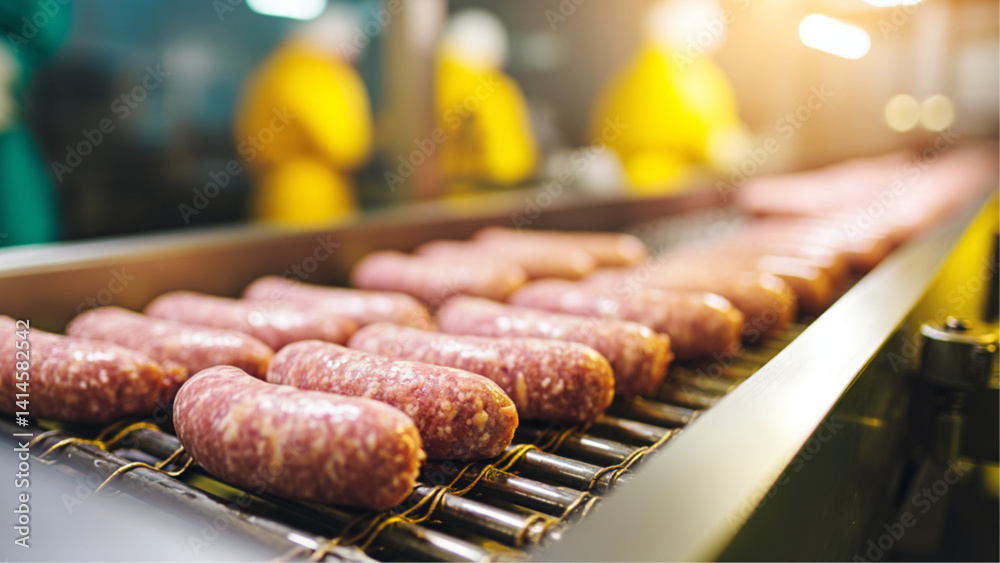 Rows of quality sausages on factory assembly line. Food industrial production of pork meat with copy space
