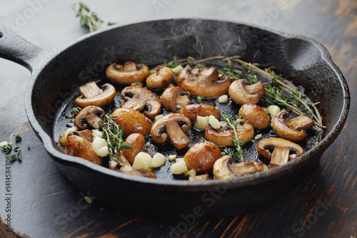 Freshly cooked mushroom and onion filling in a frying pan