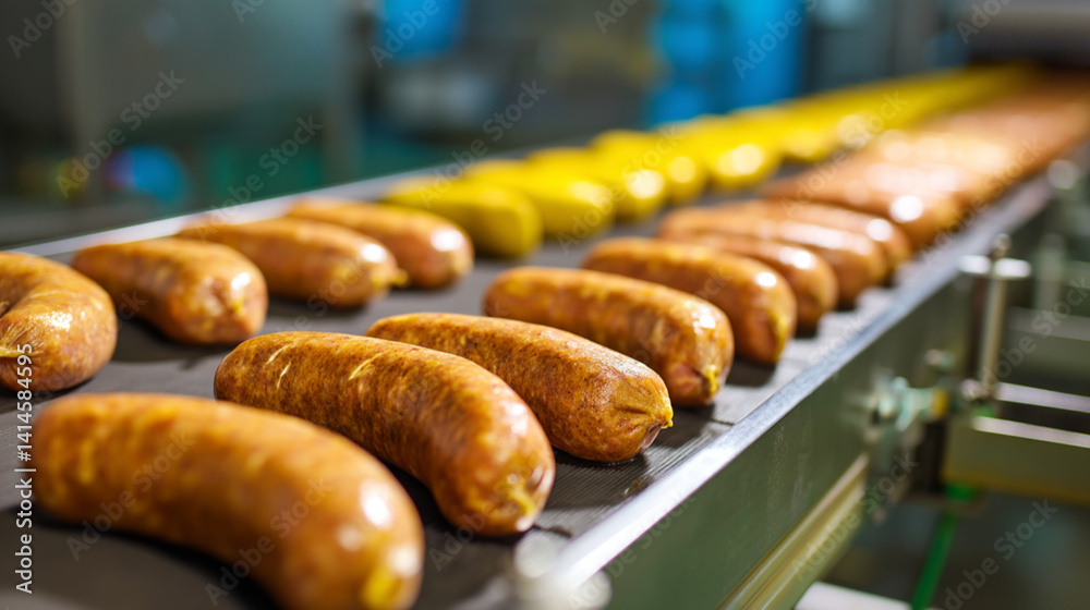 Rows of quality sausages on factory assembly line. Food industrial production of pork meat with copy space