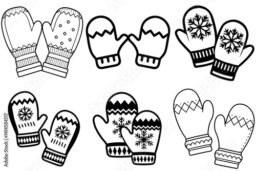 Collection of Cute Winter Mittens Illustrations Featuring Various Patterns and Snowflake Designs vector silhouette line arts