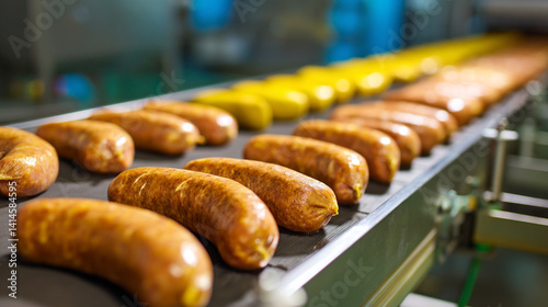 Obraz na płótnie Rows of quality sausages on factory assembly line. Food industrial production of pork meat with copy space w salonie