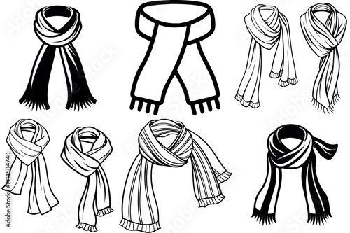 Collection of Stylish Scarves Winter Fashion Accessories Designs vector silhouette line arts