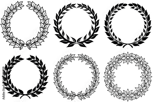 Collection of Six Black and White Laurel Wreaths and Floral Wreaths for Design Elements vector silhouette line arts