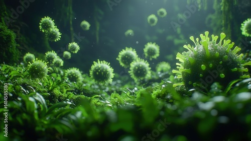Microscopic Viruses in Lush Green Environment A 3D Rendering of Viral Particles on Moss