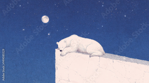 Polar Bear Sleeping Illustration: Dreamy Polar Bear Sleeping Under Night Sky in Woodblock Print Illustration Style with Moon, Stars, and Peaceful Atmosphere – Surreal Cute Animal Artwork