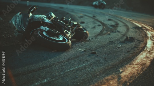 Twisted motorcycle wreckage on asphalt ro-2 - vehicle marks  forks exhaust