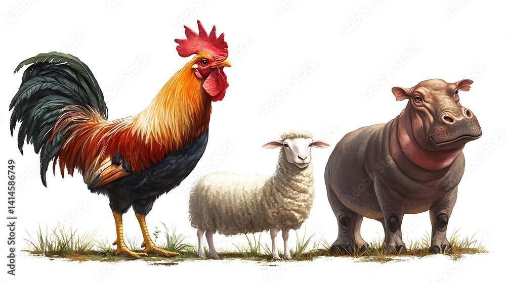 Fototapeta premium Rooster with Sheep, Hippo, and Farm Animals. (1)