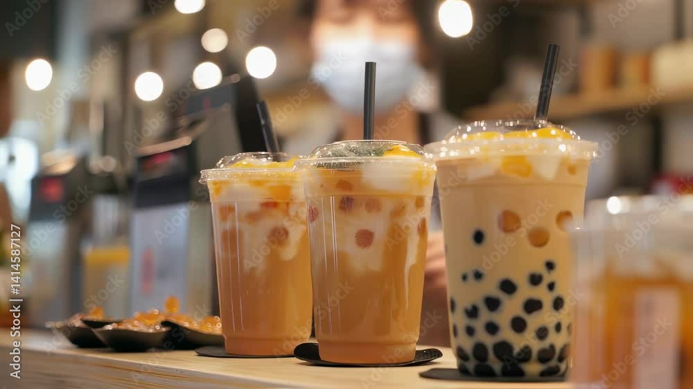 Colorful plastic cups with creamy boba tea and vibrant mango smoothie waiting on cafe counter, showcasing refreshing summer beverage variety