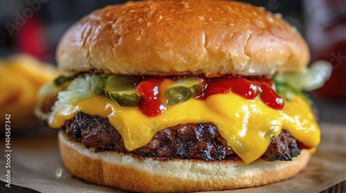 Wallpaper Mural Classic cheeseburger with a single beef patty, melted cheese, pickles, and ketchup - casual delicious grilling fast Torontodigital.ca